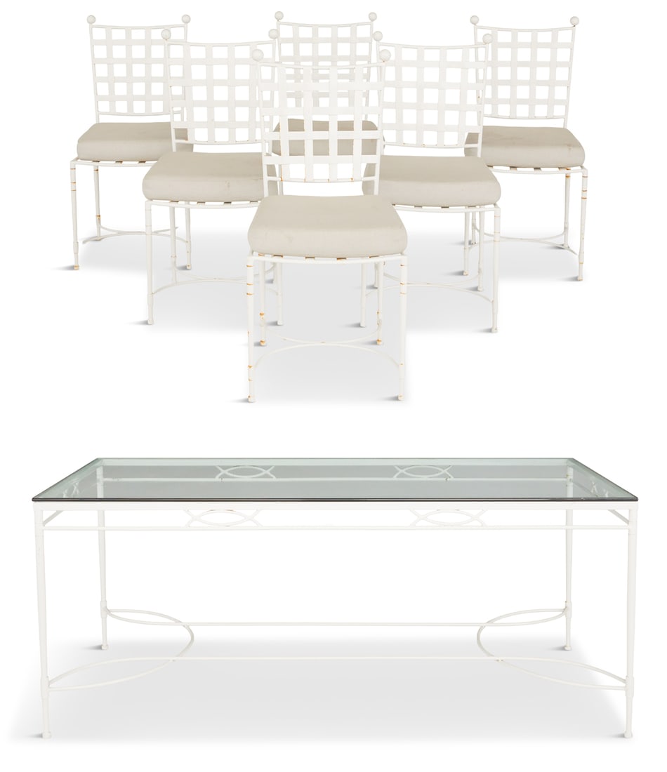 Wrought Iron Garden Dining Table and Chairs: Wrought Iron Garden Dining Table and Chairs 20th century, attributed to Mario Papperzini for John Salterini, New York, in the "Amalfi" pattern, the set including six chairs with ball finials and strap