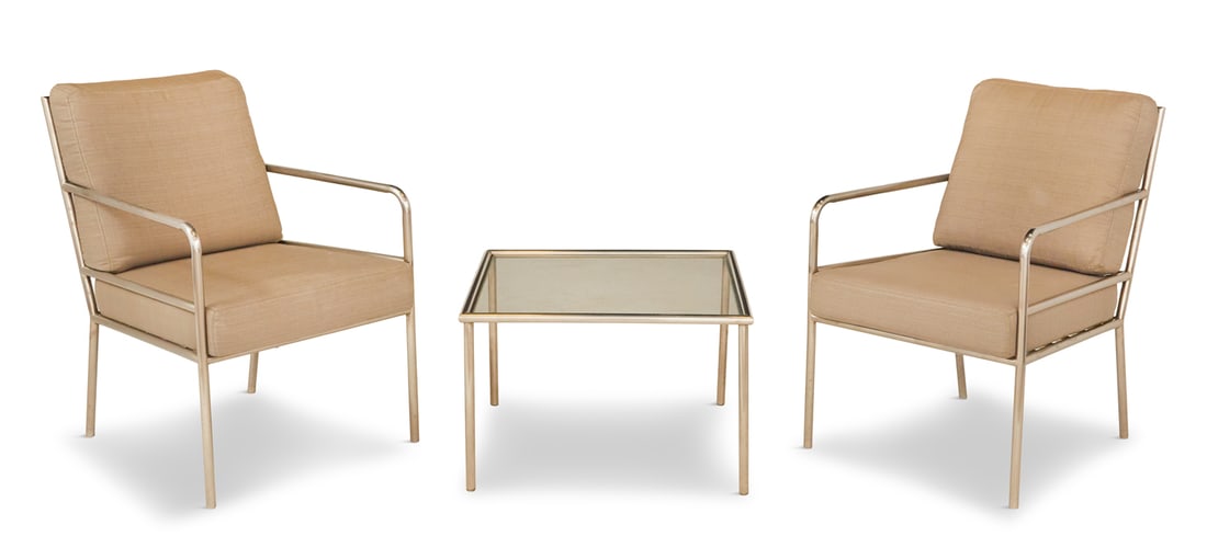 Brown Jordan "VU" Lounge Chairs & Cocktail Table: Pair of Brown Jordan "VU" Collection Brushed Steel Lounge Chairs and Matching Cocktail Table 20th century, after a design by Richard Frinier and labeled on the back, the lounge chairs set with tan cus