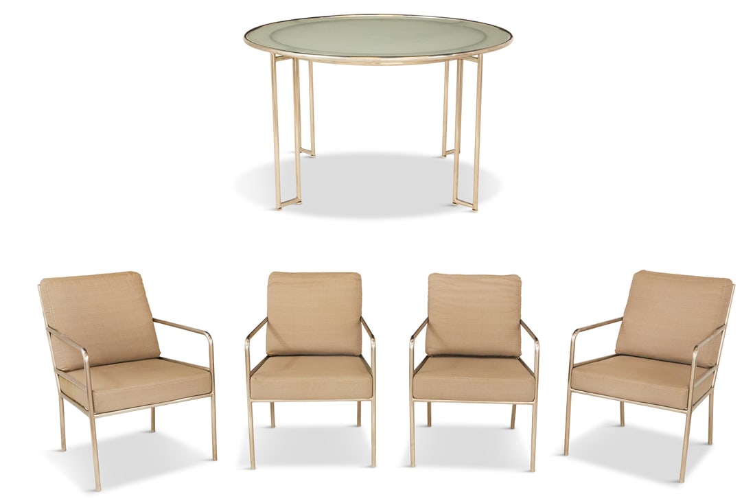 Brown Jordan "VU" Dining Table and Armchairs: Brown Jordan "VU" Collection Brushed Steel Dining Table and Armchairs 20th century, after a design by Richard Frinier, the circular glass-top dining table with matching tubular steel legs, h. 29", dia