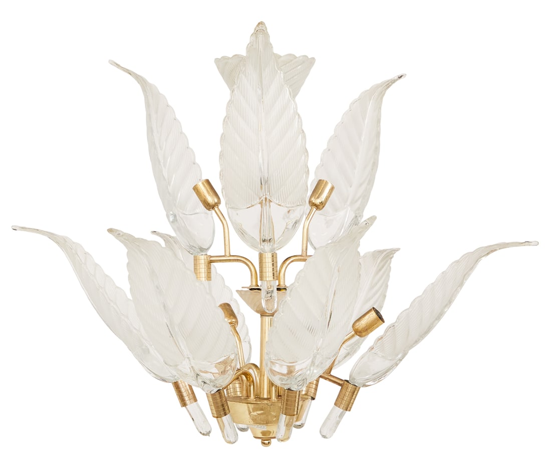 Modern Brass and Crystal Chandelier: Modern Brass and Crystal Chandelier fourth quarter 20th century, possibly Franco Luce, Murano, the sockets concealed by two tiers of handsomely molded glass leaves, lacking the lower glass cover bowl.