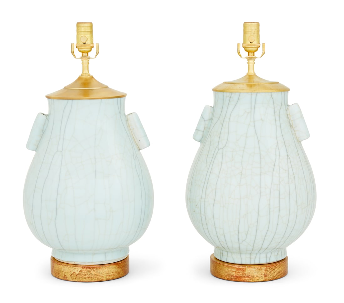 Pair of Chinese Export Hu-Form Porcelain Vases: Pair of Chinese Export Hu-Form Porcelain Vases now mounted as lamps, the vases with a crackled celadon glaze, raised on giltwood bases. h. 20-1/4", dia. 8-1/2"