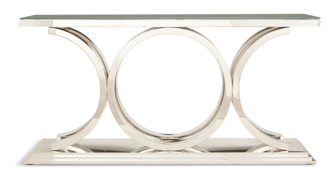Modern Chrome and Plate-Glass Console Table: Modern Chrome and Plate-Glass Console Table of Art Deco inspiration, the rectangular glass top above a pair of central, circular standards conjoined by a half-round standard on each end, mounted to a 