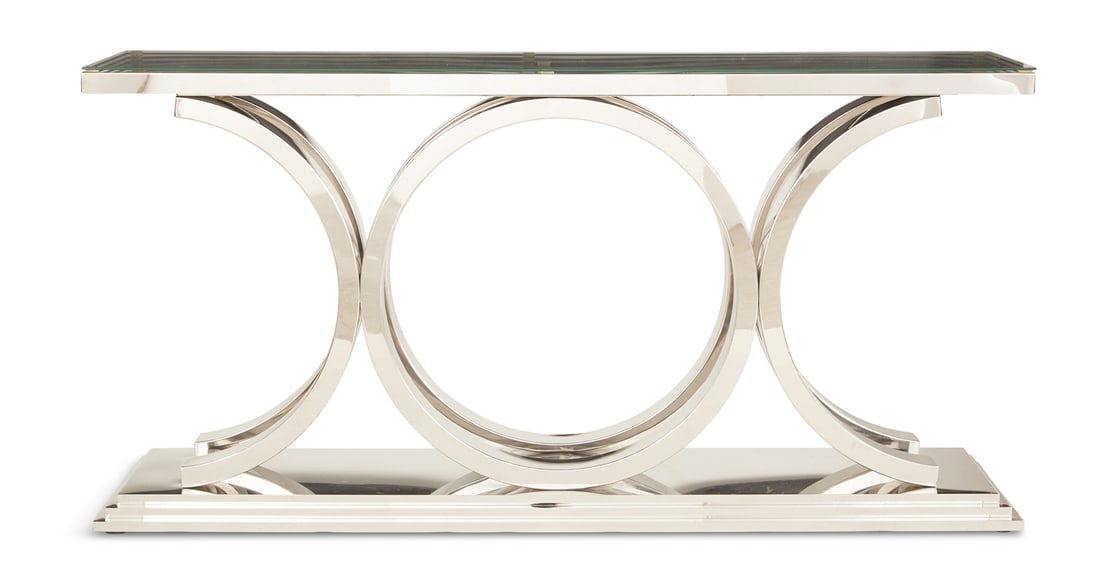 Modern Chrome and Plate-Glass Console Table: Modern Chrome and Plate-Glass Console Table of Art Deco inspiration, the rectangular glass top above a pair of central, circular standards conjoined by a half-round standard on each end, mounted to a 