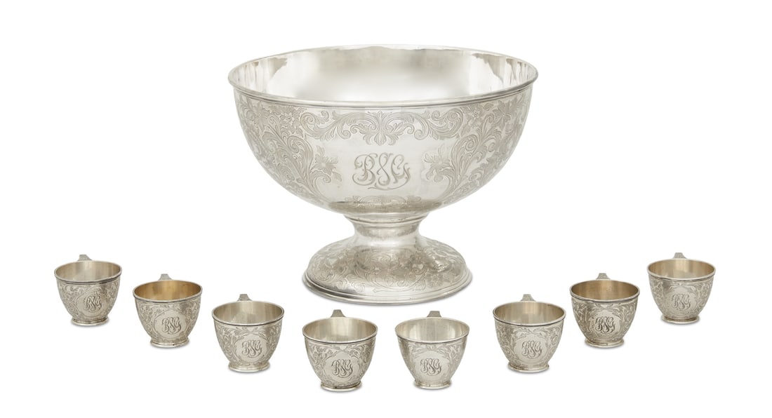 Gorham Sterling Silver Punch Set: Gorham Sterling Silver Punch Set mid-20th century, Providence, Rhode Island, including a punch bowl of hemispherical form raised on a short pedestal foot, decorated with engraved flowers and acanthus