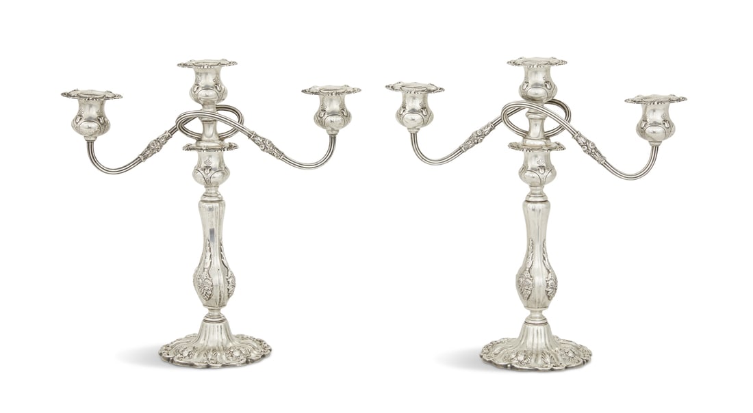 Pair of "Francis I" Sterling Silver Candelabra: Pair of Reed & Barton "Francis I" Sterling Silver Candelabra the pattern designed in 1907 by Ernest Meyers, Taunton, Massachusetts, each with a detachable five-light superstructure permitting their us