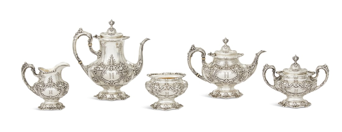 Reed & Barton "Francis I" Sterling Silver Tea Set: Reed & Barton "Francis I" Sterling Silver Tea Set the pattern designed in 1907 by Ernest Meyers, Taunton, Massachusetts, this set hand chased, monogrammed "H", including: a coffeepot, h. 10-3/4", l. 1