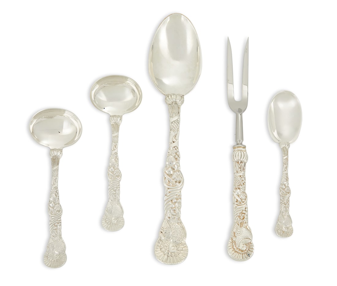 Tiffany & Co. "Turkey" Silver Serving Pieces: Tiffany & Co. "Turkey" Sterling Silver Serving Pieces contemporary, New York, New York, including: a stuffing spoon, l. 12-1/4"; a carving fork with stainless tines, l. 11-1/4"; a cranberry spoon, l. 
