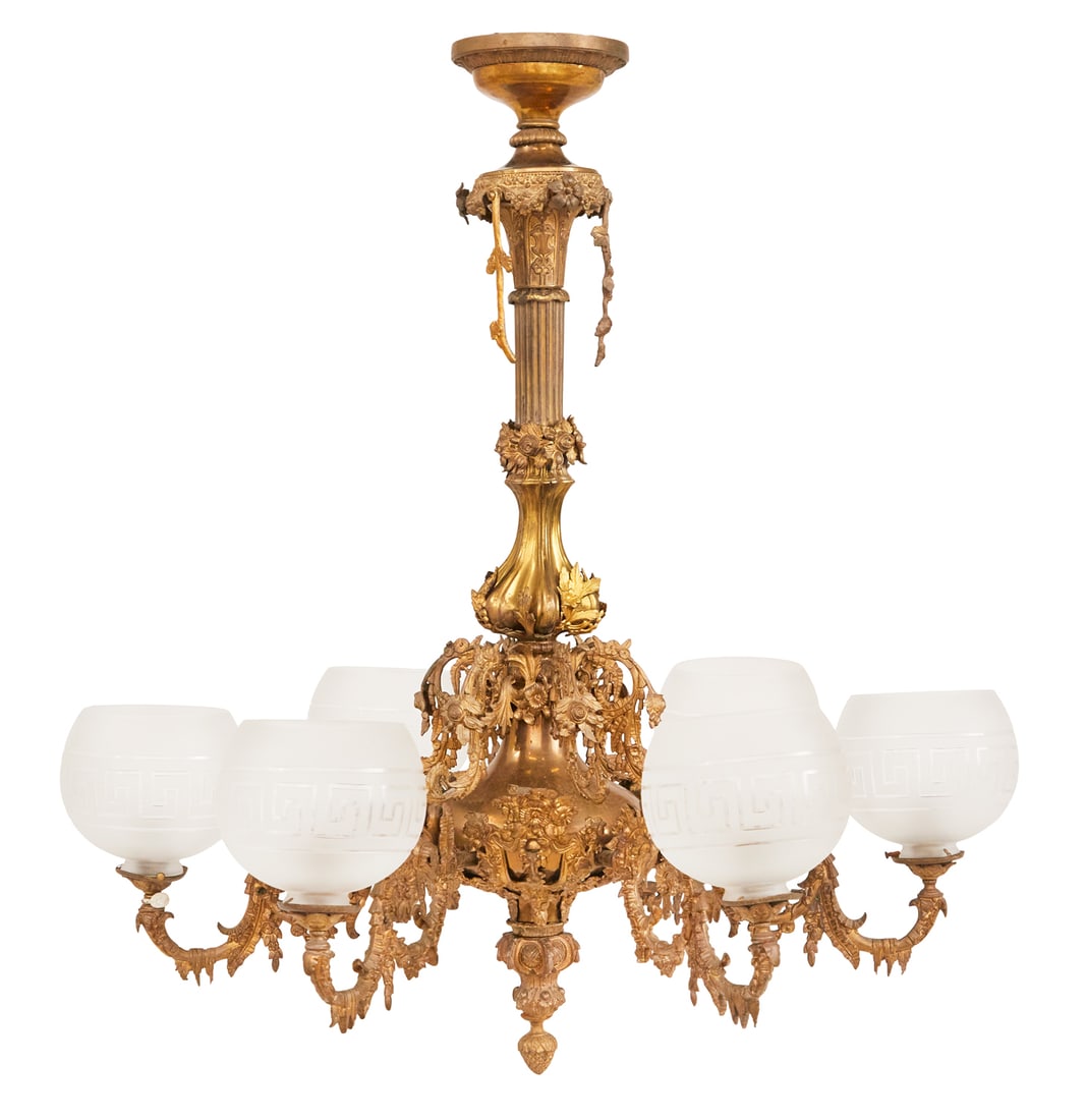 Rococo Revival Brass and Bronze Gasolier: Rococo Revival Brass and Bronze Gasolier mid-19th century, Philadelphia, probably Archer and Warner, the upper standard with a flaring capital ornamented with flowers, over a fluted section, the main 