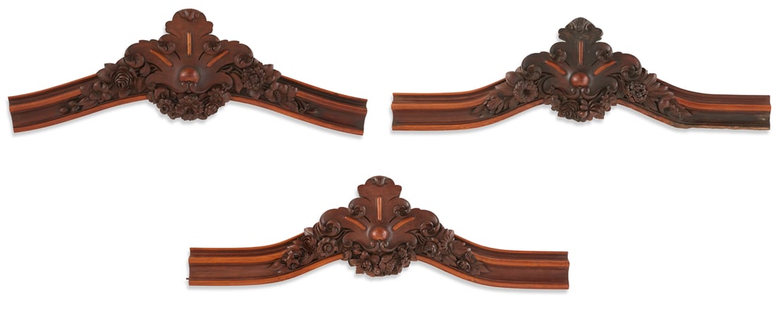 Rare Set of Three Walnut & "Lemonwood" Cornices: Rare Set of Three Rococo Revival Walnut and "Lemonwood" Window Cornices third quarter 19th century, attributed to the warerooms of Prudent Mallard, New Orleans, each with a central cartouche above a c