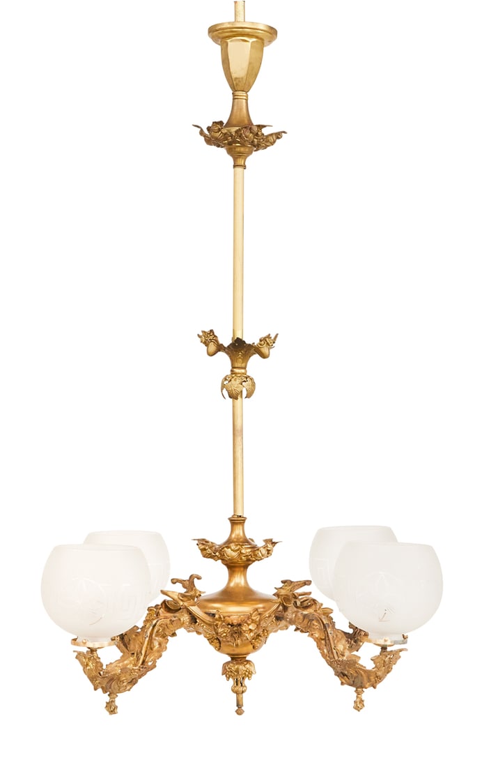 American Rococo Revival Gasolier: American Rococo Revival Bronze, Brass and Glass Gasolier mid-19th century, the four-light gasolier with a fluted standard decorated with molded leaves, flowers and grapes, supporting the brass body, t