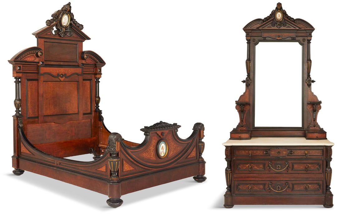 Rare American Renaissance Revival Bed Set: Rare American Renaissance Revival Two-Piece Bird's Eye Maple and Walnut Bed Set third quarter 19th century, possibly by Pottier & Stymus, New York, consisting of a high-back bed with an oval porcelain