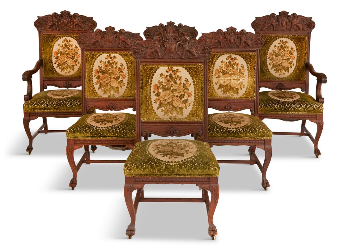 Rare Suite of Six Carved Oak Dining Chairs: Rare Suite of Six Carved Oak Dining Chairs in the Neo-Renaissance Taste late 19th century, possibly by R. J. Horner, New York, consisting of two armchairs, h. 49", w. 26", d. 22", and four side chairs