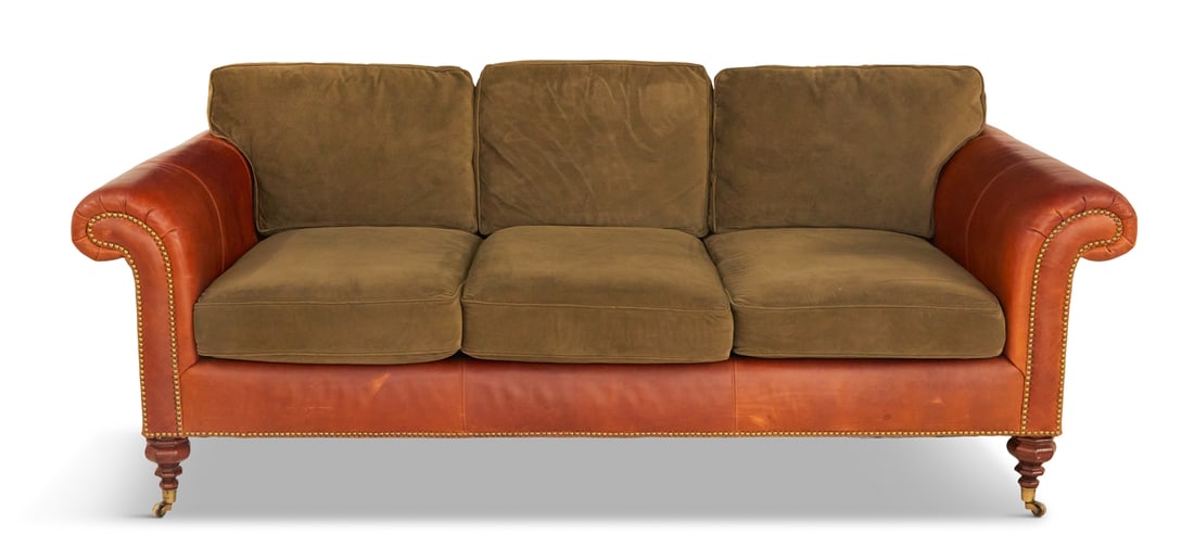 Ralph Lauren Leather and Velvet Covered Sofa: Ralph Lauren Leather and Short Velvet Covered Sofa with three loose back cushions and seat cushions, all reversible, upholstered in olive green velvet, the sofa frame covered in light brown leather an