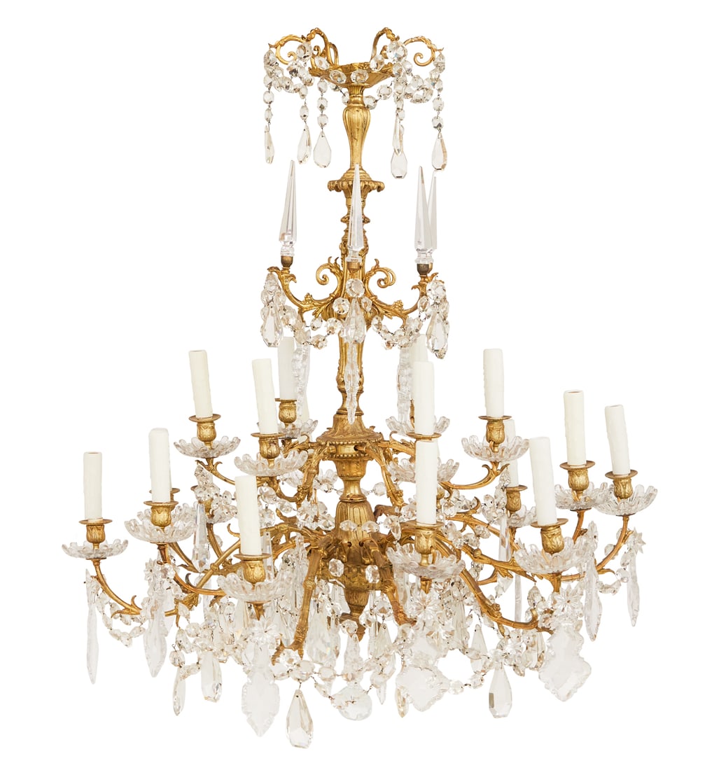 Belle Epoque Gilt-Bronze and Crystal Chandelier: Handsome French Belle Epoque Gilt-Bronze and Crystal Chandelier fourth quarter 19th century, possibly Baccarat, the eighteen-light chandelier having a standard set with a scrolled corona, hung with cr