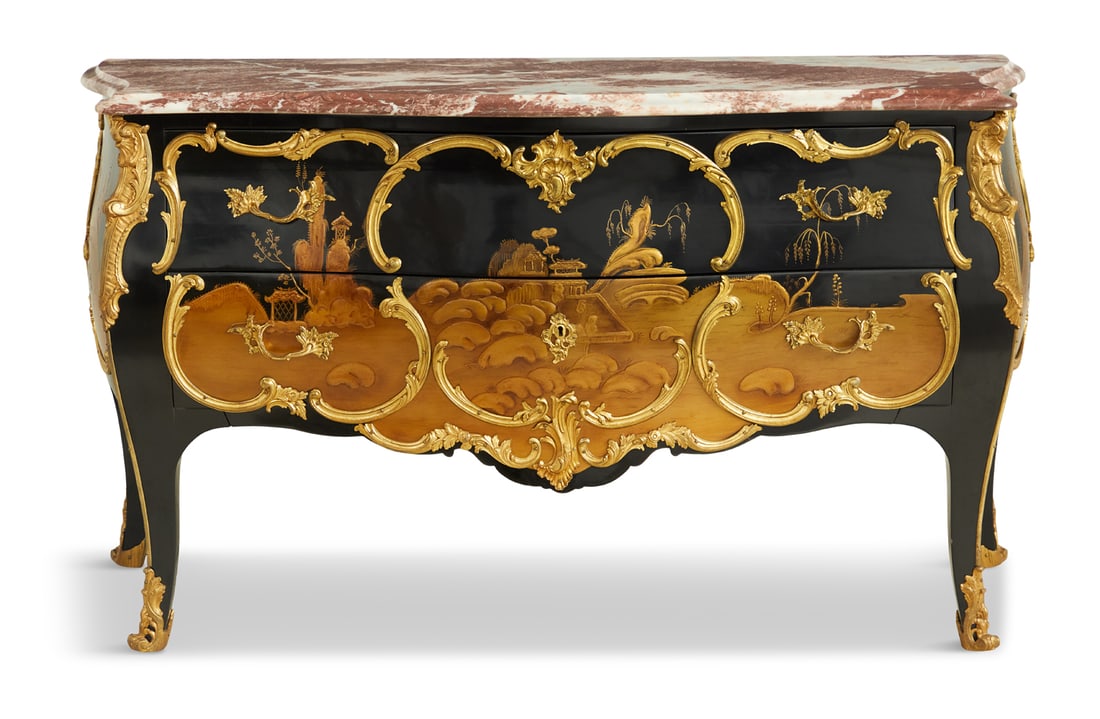 Regence-Style Chinoiserie Marble-Top Commode: Regence-Style Chinoiserie and Ebonized and Marble-Top Commode the shaped, slightly bowed rectangular marble top above a bombe case fitted with two long drawers, both with a gilt scene in the chinoiser