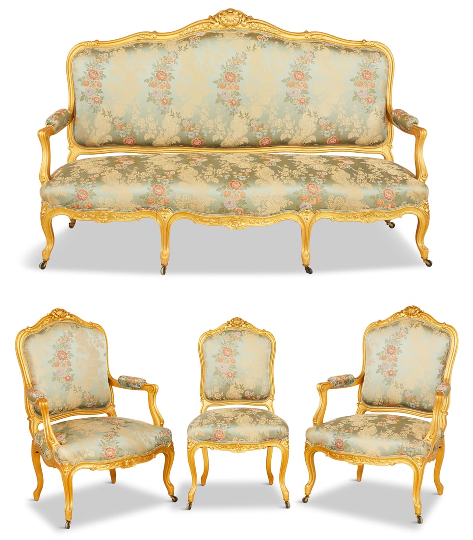 Louis XV-Style Four-Piece Giltwood Parlor Suite: Louis XV-Style Four-Piece Giltwood Parlor Suite 20th century, comprised of a settee, h. 45-1/2", w. 71", d. 26-1/2", a pair of fauteuils, h. 41", w. 27", d. 42", and a side chair, h. 38", w. 21", d. 1