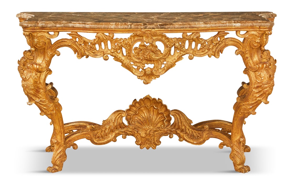 Italian Giltwood and Marble-Top Console Table: Italian Giltwood and Marble-Top Console Table 20th century, in the rococo taste, the shaped and bowed marble-top with a molded edge, above a conforming frieze with a pierced shield-form apron, raised 