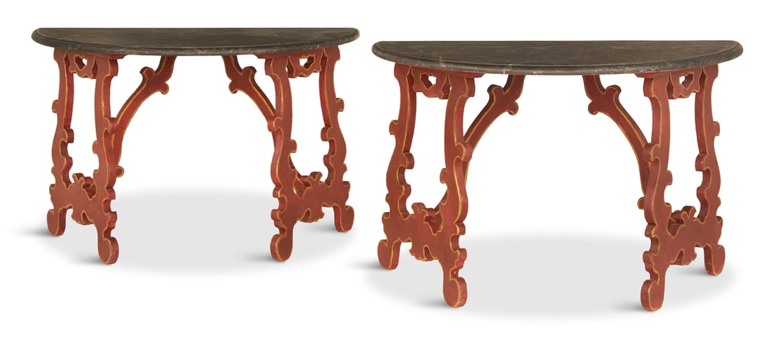 Pair of Continental Polychrome Console Tables: Pair of Continental Polychrome Console Tables in the Iberian taste, each with a faux marbre demi-lune top raised on shaped, scrolling supports, joined by shaped stretchers and ending in scrolled toes.