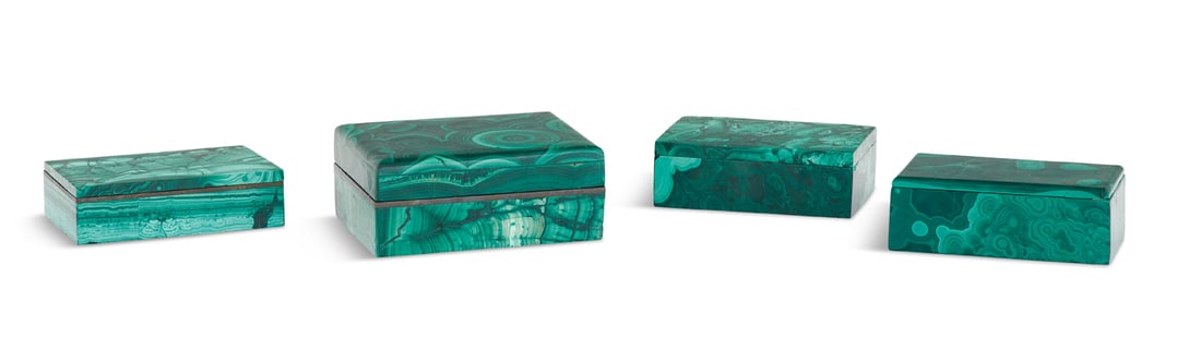 Collection of Four Malachite Covered Boxes: Collection of Four Malachite Covered Boxes 20th century, Russian, the boxes displaying interesting variations in malachite grain patterns and colors, two of the boxes with brass bezels around the open