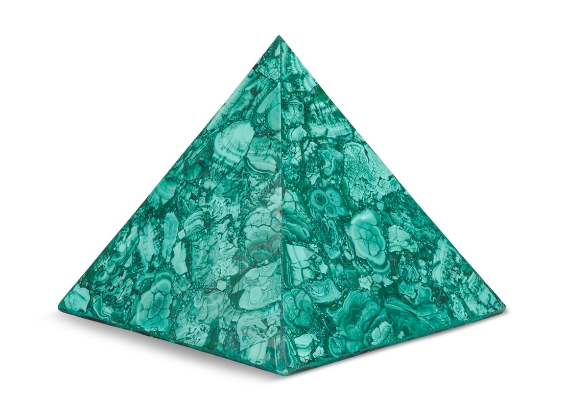 Unusual Malachite-Clad Pyramid: Unusual Malachite-Clad Pyramid 20th century, Russian, of traditional form, clad in vigorously figured and colored malachite. h. 10-1/2", w. 11-3/4"