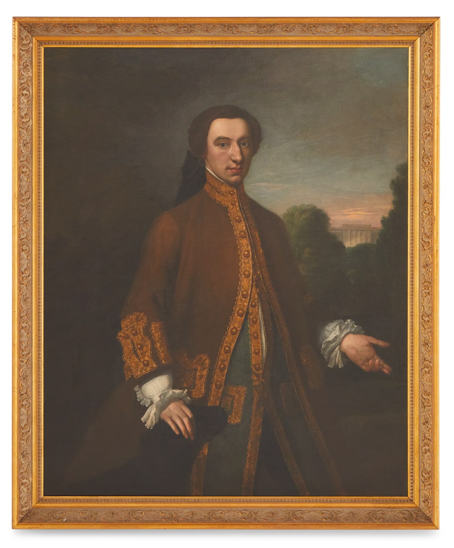 British School (ca. 1800): British School (ca. 1800) "Portrait of a Gentleman with Dog by His Side and Estate in the Distance" oil on canvas unsigned. Framed. 50" x 40", framed 55" x 46"