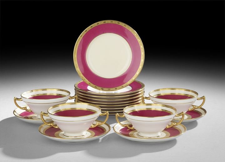 Group of Minton Dinnerware: Group of Minton Dinnerware, ca. 1902-1912, retailed by Tiffany and Company, New York, the set consisting of four cream soup bowls on stands, h. 2-1/4", and nine bread and butter plates, dia. 5-1/4", d
