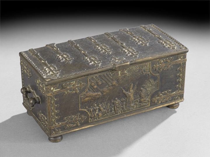 Danish Bronze Cigar Box: Danish Bronze Cigar Box, first quarter 20th century, the box in the form of a medieval casket and decorated with bas relief scenes of the battle of Lyndanisse, June 15, 1219, a battle of the Crusades,