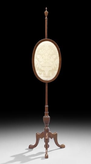 Edwardian Mahogany Pole Screen: Edwardian Mahogany Pole Screen in the Late Georgian Taste, early 20th century, the adjustable ovoid frame adorned with ivory silk brocade of Adamesque inspiration on a tripodal base, h. 60-1/2", dia. 