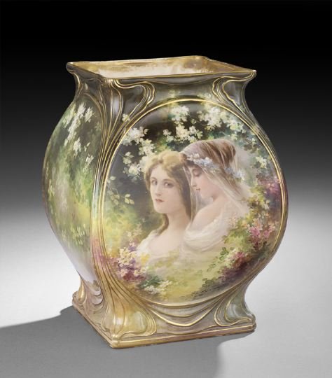 German Art Nouveau Jardiniere: German Art Nouveau Jardiniere, ca. 1900, Royal Bonn, of bulbous form with gilt traced edges in the art nouveau style, the facade hand painted with two maiden, wearing diaphanous gowns in a garden, the