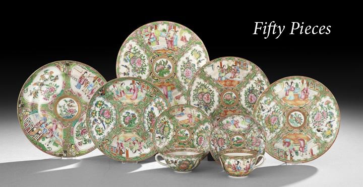 Assembled Group of Rose Medallion Dinnerware: Assembled Group of Rose Medallion Dinnerware, ca. 1850-1900, the group consisting of five dinner plates, dia. 9-1/2", ten luncheon plates, dia. 8-1/2", six mid-19th century luncheon plates with gilt h