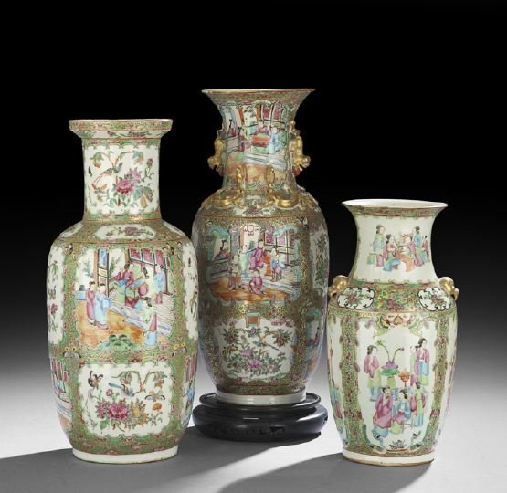 Three Chinese Export Rose Medallion Vases: Three Chinese Export Porcelain Rose Medallion Vases, third quarter 19th century, each of baluster form, one example with gilt foo dog handles with orange balls and gilt lizards applied to the shoulder