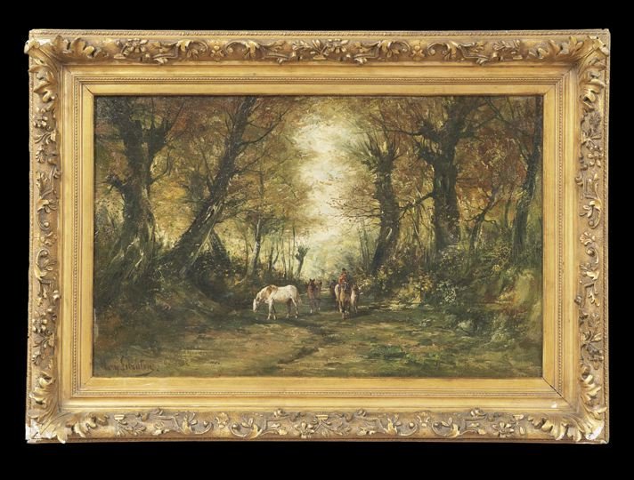 Henry Schouten (Belgian, 1859-1927): Henry Schouten (Belgian, 1859-1927), "Wooded Landscape with a Horseman", oil on canvas, signed lower left "Henry Schouten", 21" x 33". Presented in a handsome period giltwood and gesso frame.