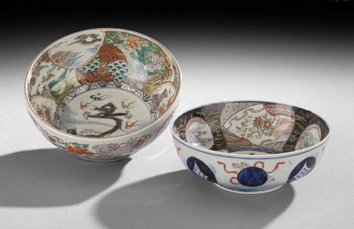 Group of Two Asian Bowls: Group of Two Asian Bowls, the first a Chinese example, early 20th century, of ogee form, centered by a dragon medallion and surrounded by various creatures and floral and geometric patterns, the exter