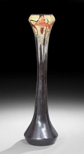 Rare Monumental Cameo Glass Vase: Rare Monumental Cameo Glass Vase, Attributed to Charles Schneider Art Glass, early 20th century, the upper portion depicting pitcher plants against a mottled yellow ground, the rim and base with resto