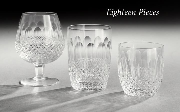 Eighteen Waterford "Colleen" Cocktail Glasses: Group of Eighteen Waterford "Colleen" Pattern Cut and Leaded Cocktail Glasses, comprised of four snifters, h. 5-1/4", eight rocks glasses, h. 3-1/2", and six tumblers, h. 4-1/2", each diamond- and elo