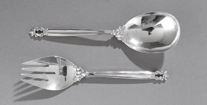 Georg Jensen "Acorn" Salad Serving Set: Georg Jensen "Acorn" Sterling Silver Salad Serving Set, the pattern designed in 1915 by Johan Rohde (1856-1935), Copenhagen, Denmark, these examples with the Jensen "GJ" mark in use 1933-1944, includi