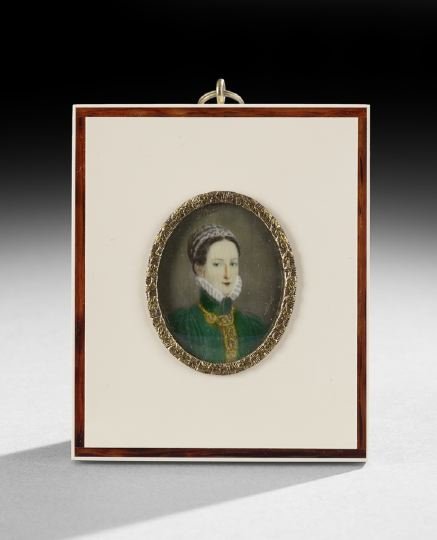 English Tudor-Style Oval Miniature: English Tudor-Style Oval Miniature, 20th century, depicting a lady in a green jacket, signed "Hilliand", presented in a faux-bone and faux-tortoiseshell frame, overall 4" x 3-1/4". Erratum: note the r
