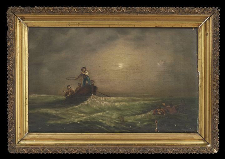 British School (19th Century): British School (19th Century), "Shipwrecked", oil on canvas, unsigned, 10" x 16". Presented in a period giltwood and gesso frame.
