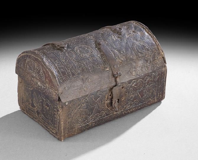 Early Leather-Covered Document Box: Early Leather-Covered Document Box, first quarter 18th century, possibly Middle Eastern, the tooled leather in patterns of scrollwork, flora and faune, contained in squares of a grid, and with cast-ir