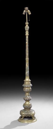 Brass Japanese Egyptian-Style Floor Lamp: Brass Japanese Egyptian-Style Floor Lamp, ca. 1930, with Egyptian-style decoration with champleve enamels, h. 63".