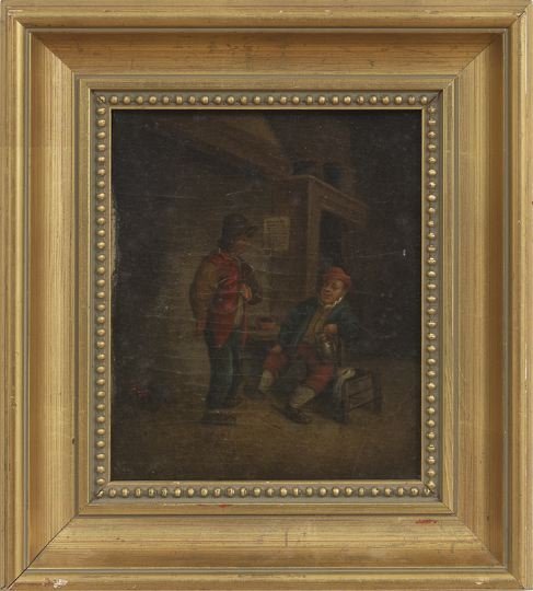 Follower of Adriaen Van Ostade (Dutch, 1610-1685): Follower of Adriaen Van Ostade (Dutch, 1610-1685) "Two Peasants in a Tavern", oil on panel, unsigned, 19th century, 8-1/2" x 7". Presented in a molded giltwood frame.