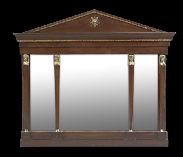 Biedermeier-Style Mahogany Looking Glass: Biedermeier-Style Mahogany Looking Glass, late 19th century, the molded pyramidal crest centered by an ormolu star mount, above a trisected plate, divided and flanked by uprights headed by gilt maiden