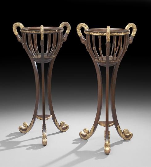 Pair of Empire-Style Giltwood Jardinieres: Pair of Empire-Style Giltwood and Mahogany Jardinieres, each with a wooden strapwork basket on a tripodal base, the legs extending in the form of swan-heads, the scroll feet with gilt-foliate decor, h