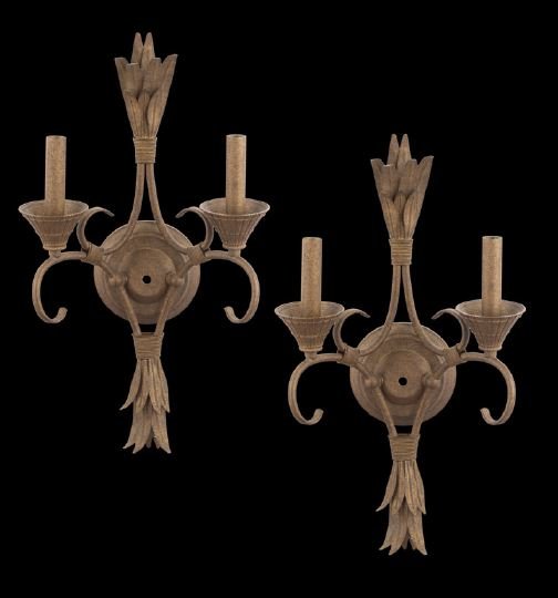 Pair of Neoclassical-Style Wall Sconces: Pair of Painted Metal Neoclassical-Style Wall Sconces, the round backplate supporting a pair of scrolled branches, terminating on the top and bottom with bunched leaves, and with the candle cups resti
