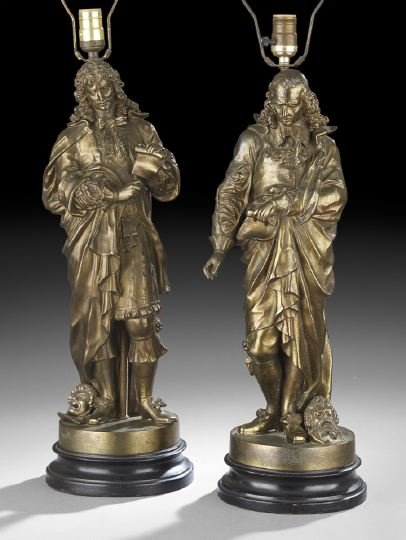 Pair of French Bronze-Patinated Spelter Figures: Pair of French Bronze-Patinated Spelter Figures, of respectively, Descartes and Moli?re, ca. 1880-1885, now mounted as table lamps on turned ebonized wood bases, fitted with white silk shades and bras