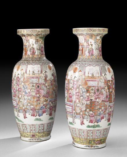 Pair of Chinese Famille Rose Porcelain Vases: Pair of Chinese Famille Rose Porcelain Vases, 20th century, each of baluster form with straight edged lip rims, decorated with scenes of multiple generations before an ancestral altar and scenes of di
