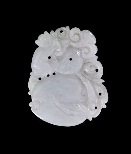 Chinese Carved Jadeite Pendant: Chinese Carved Jadeite Pendant, the mottled pale lavender and green stone carved in low relief depicting a double gourd with a foliate border and a squirrel, h. 2", w. 1-1/2".