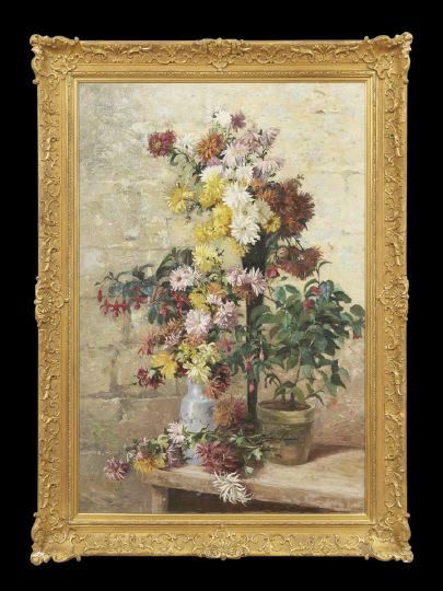 Edouard Quost (French. 1844-1931): Edouard Quost (French. 1844-1931), "Floral Still Life with Chrysanthemums and a Potted Fuchsia", oil on canvas, signed lower right "E. Quost", 47" x 32". Presented in a period Louis XV-style giltwood