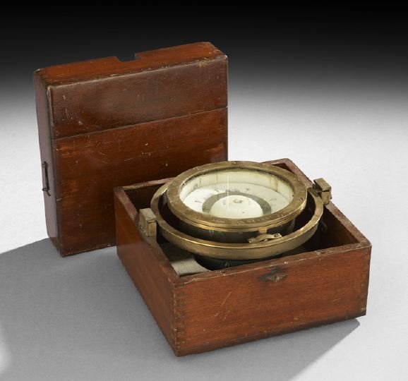 Boston Gimballed Compass: Boston Gimballed Compass, ca. 1866-1886, mounted in a period mahogany case and signed "E.S. Ritchie and Sons, Boston", h. 7", w. 9-3/4", d. 9-3/4".