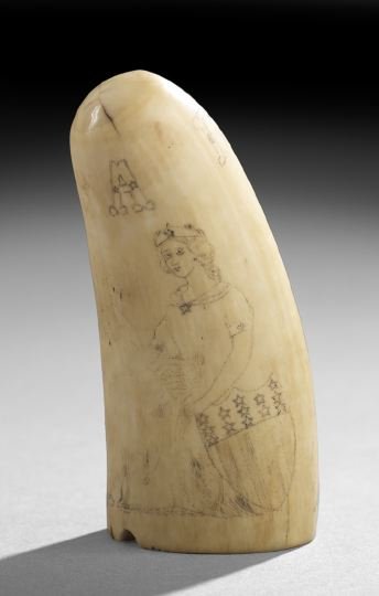 American Whales Tooth Scrimshaw: American Whale's Tooth Scrimshaw, 19th century, surface decorated with Columbia, a woman reading to a child and the letters, "E.A.B", l. 4".